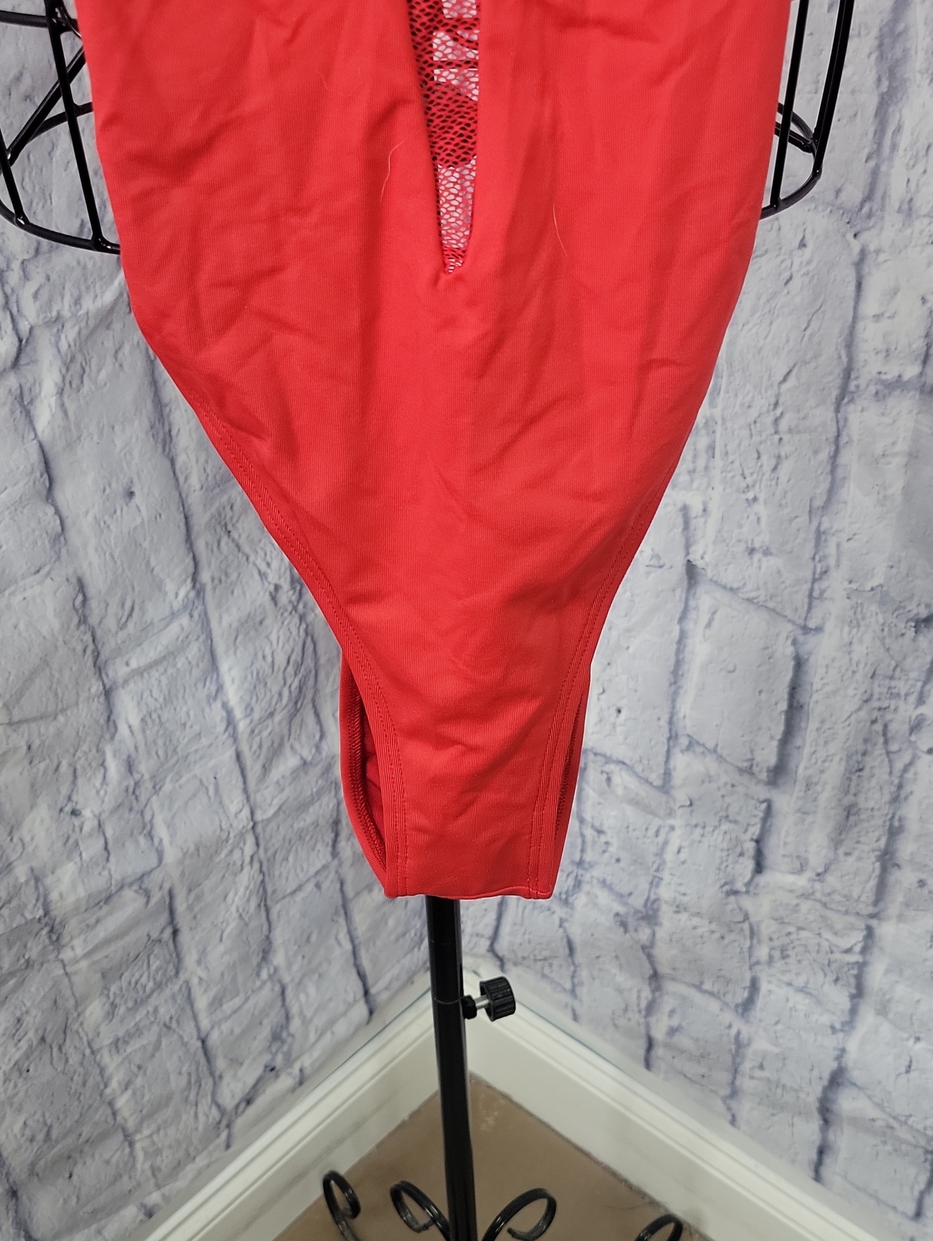 Yandy Nwt One-Piece Swimsuit Large Red Mesh Plunge Monokini — image 3 of 6